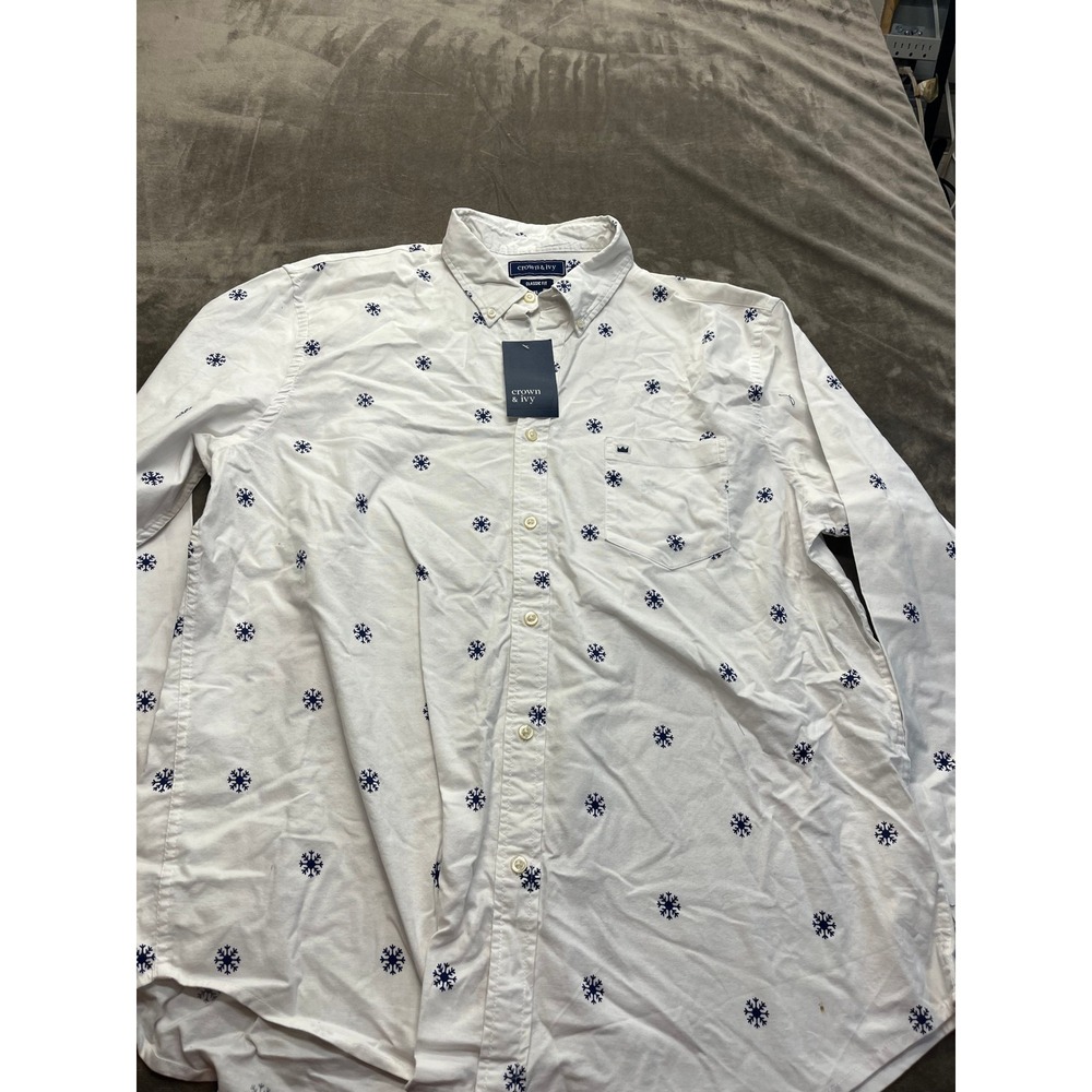 Crown & Ivy Mens XL White Navy Snowflake Print Classic Fit Button Down Shirt NEW